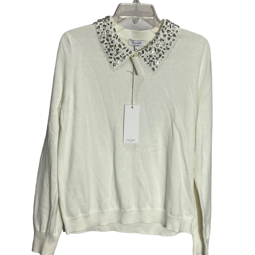 J. Society Ivory Sweater Rhinestone Collar Soft Cotton Knit NWT